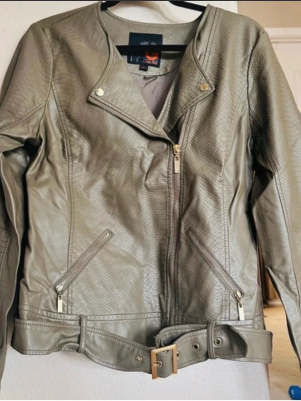 G by Guess Olive Green Faux Leather Moto Jacket with Belt